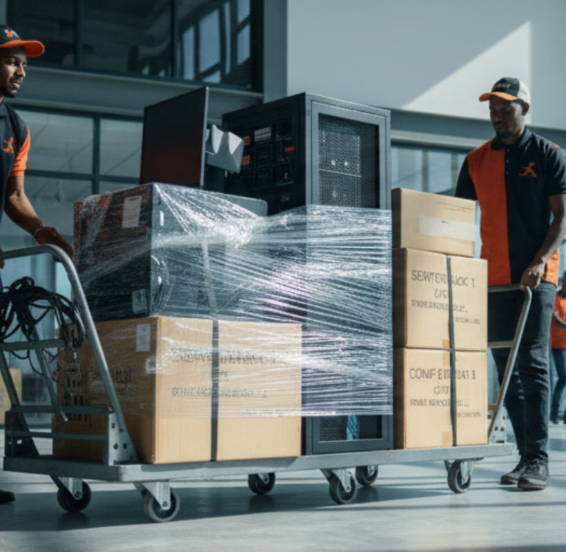 Two professional Ethiopian movers in orange and black polo shirts and caps push a dolly loaded with plastic-wrapped IT equipment and cardboard boxes through a modern, spacious office building with large windows.