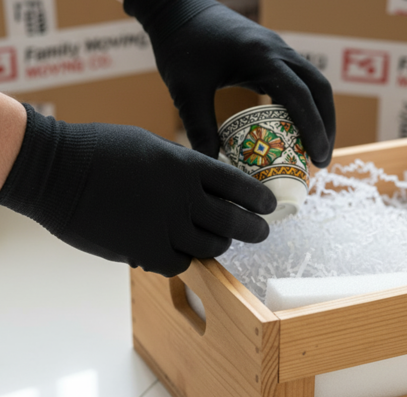 Close-up of gloved hands carefully placing a small, colorful Ethiopian ceramic cup into a wooden crate filled with white protective padding. In the background, branded "Family Cleaning Moving & Packing" boxes are visible.