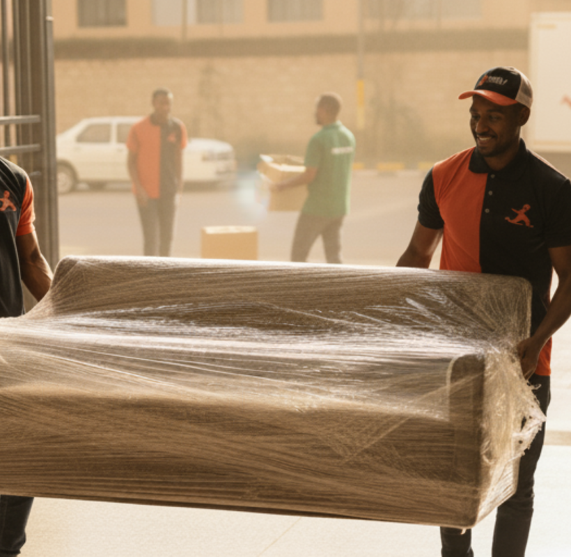 Two muscular, smiling Ethiopian movers in orange and black polo shirts and caps, carrying a plastic-wrapped sofa. A Family Cleaning Moving & Packing. truck is visible in the background.
